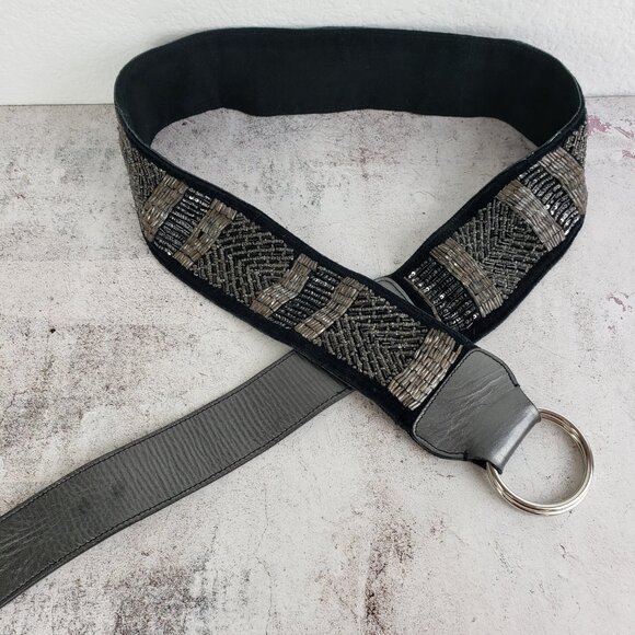 Vintage Beaded Leather Belt L/XL Metallic Bohemian Sequins Evening Festival main image 11